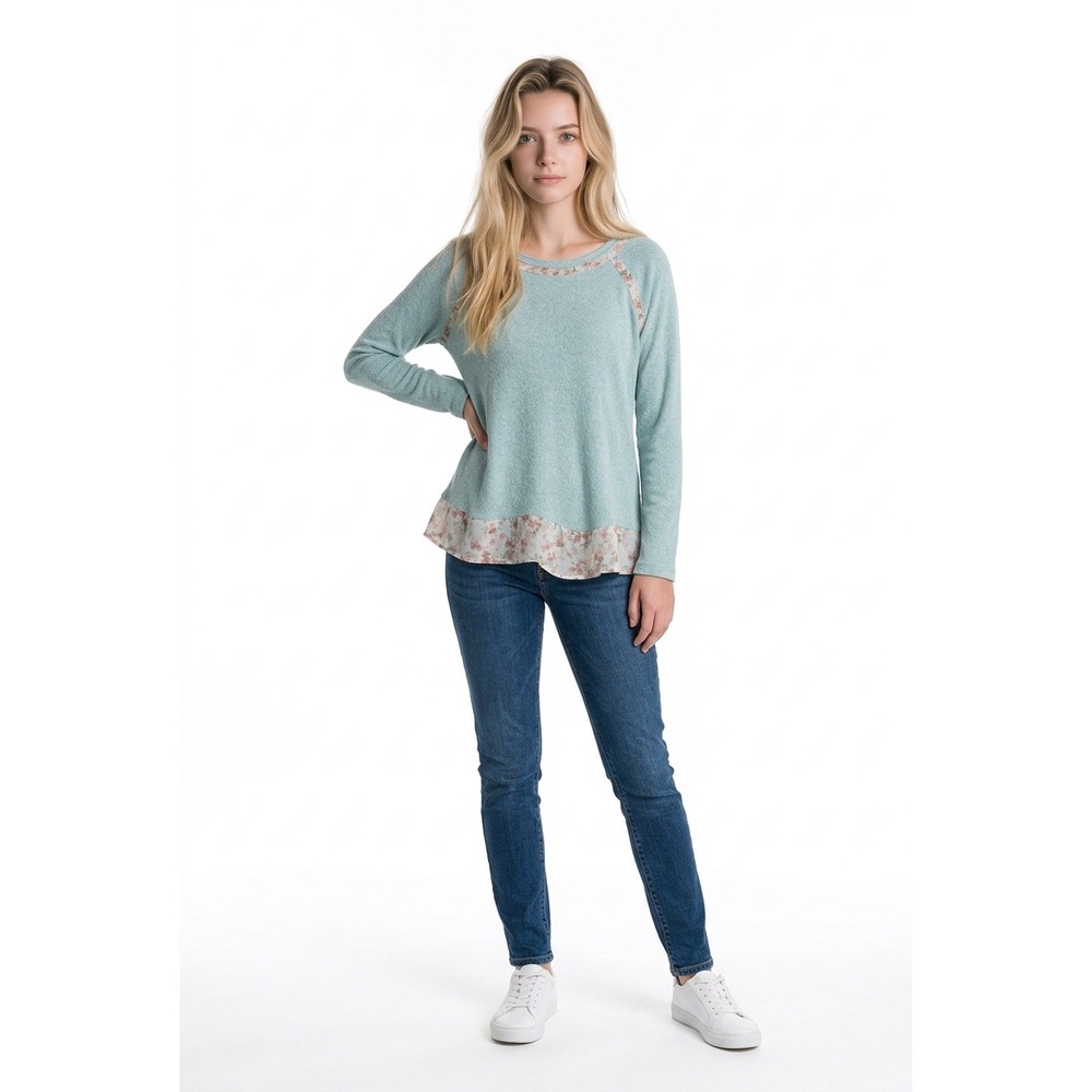 Cactus + Pearl Seafoam Green‎ Waffle Knit Floral Chiffon Trim Top Womens Small